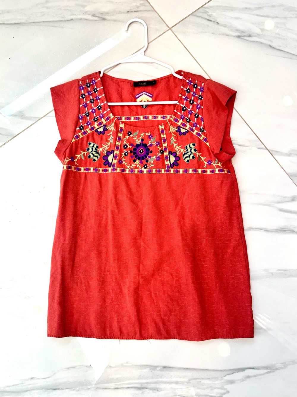 THML- Embroidered Tunic Top with Floral Yoke, Small